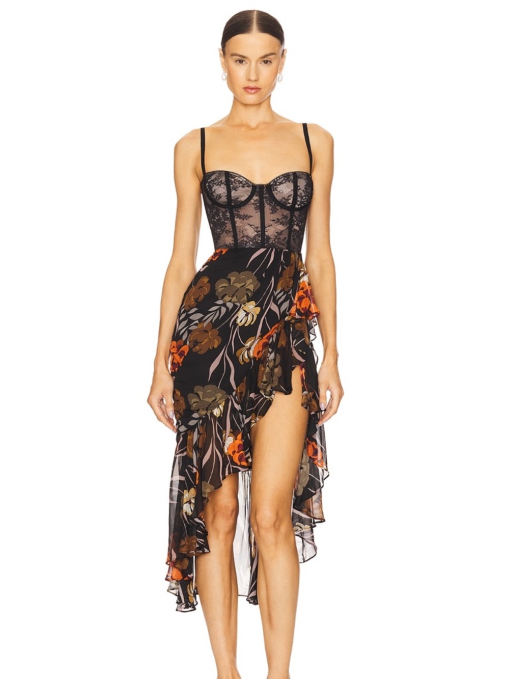 Katie May Black Floral Lace Bustier High-Low Dress
